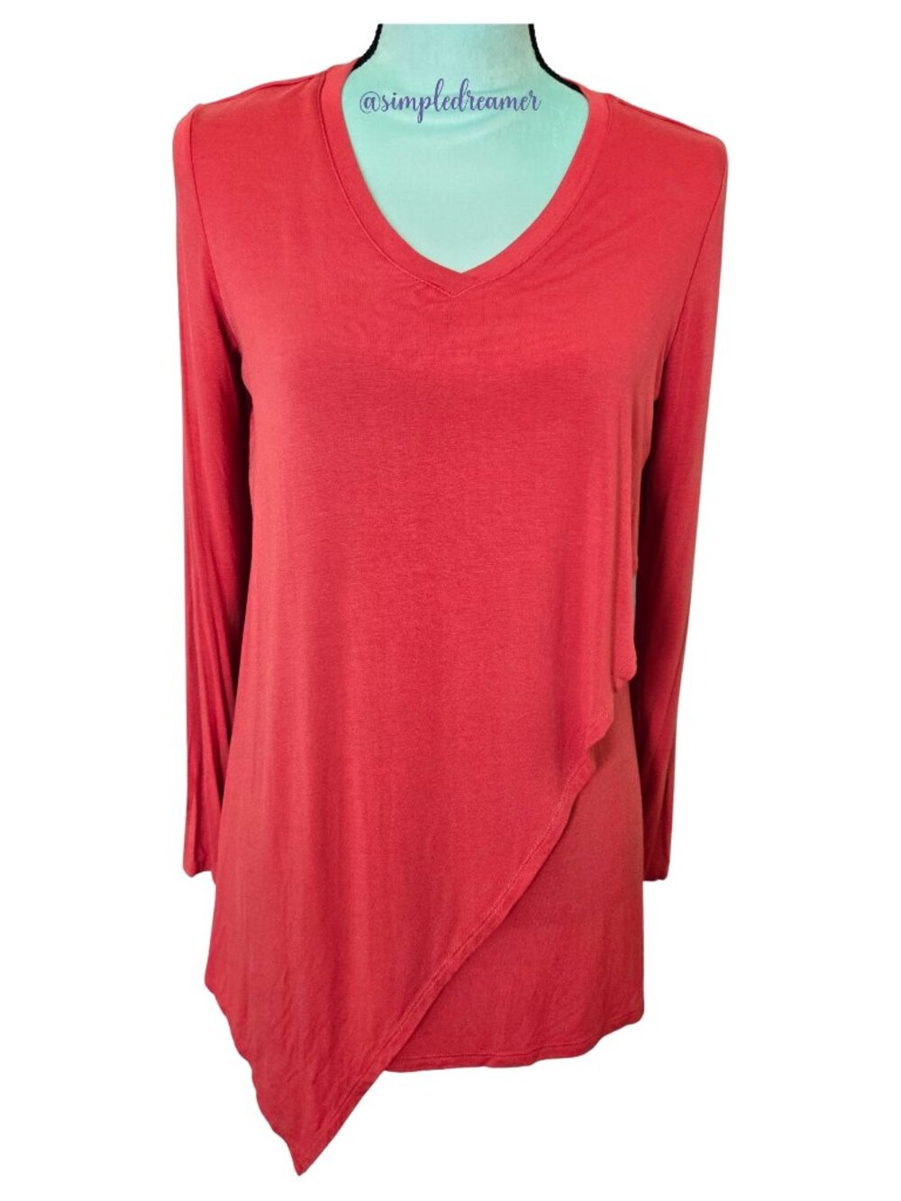 LOGO Lori Goldstein V-Neck Asymmetric Overlay Knit Top Blood Orange XS - Picture 1 of 13